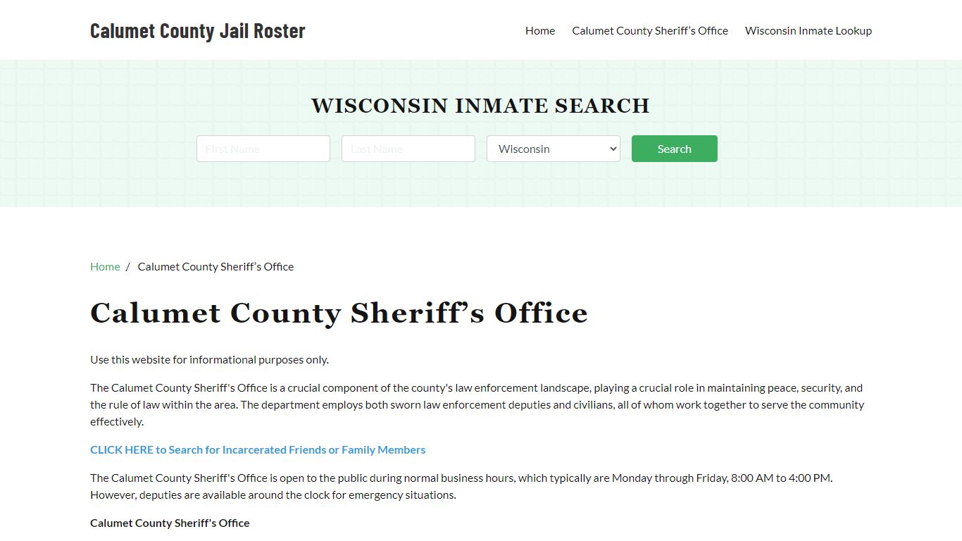 Calumet County Sheriff Office, WI, Arrest Warrants Search